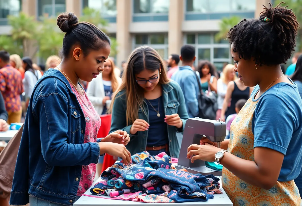 Students engaged in upcycling clothing at the Punk-cycling event