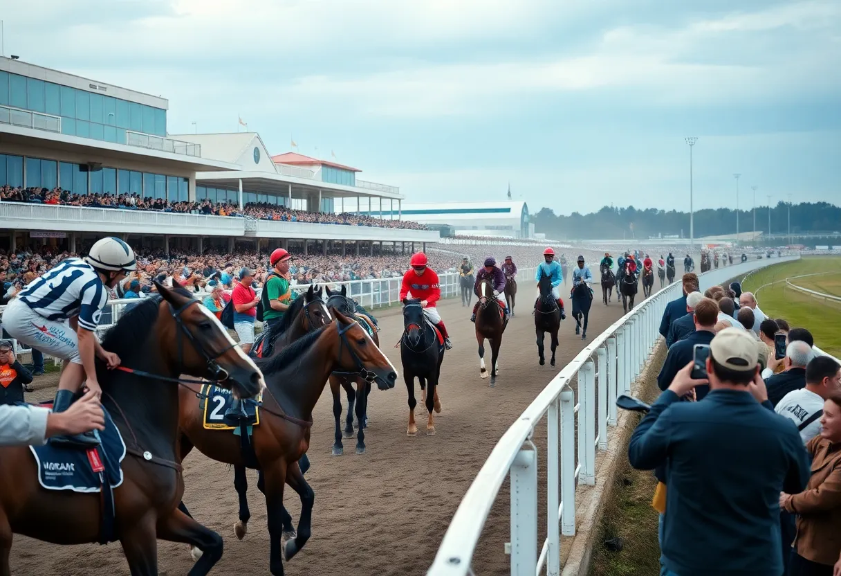 A vibrant horse racing track with jockeys and horses in action.