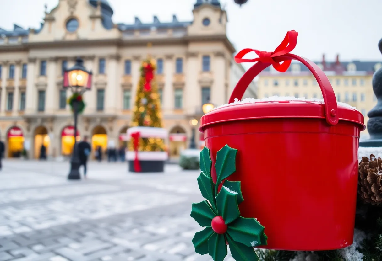 Red kettle symbolizing the Salvation Army charity campaign in a winter setting