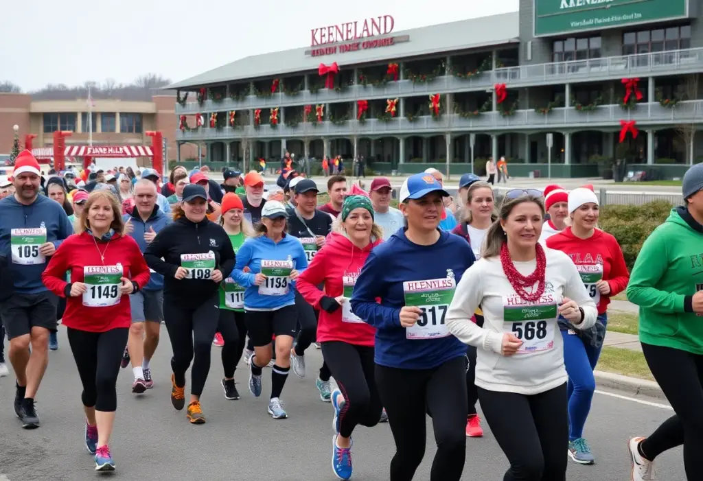 Participants running in the Reindeer Ramble 5K at Keeneland Race Course in Lexington KY