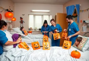 Hospital staff delivering Halloween treats to young patients in hospital rooms