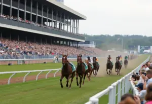 Horses racing in the River City Stakes at Churchill Downs