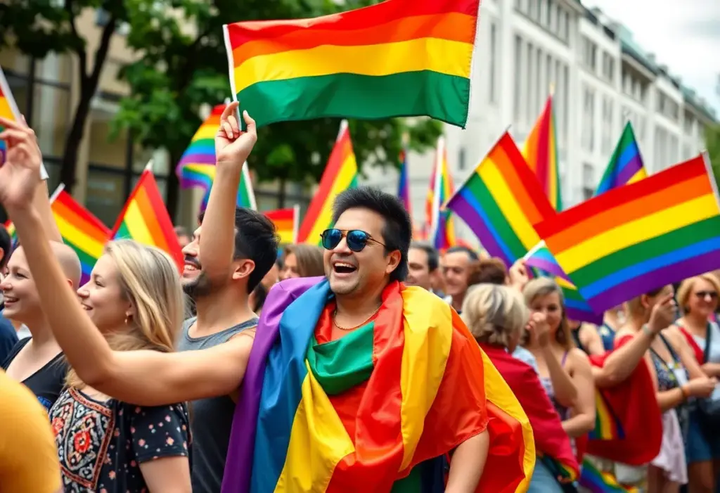 People celebrating same-sex marriage rights at a pride parade holding rainbow flags.