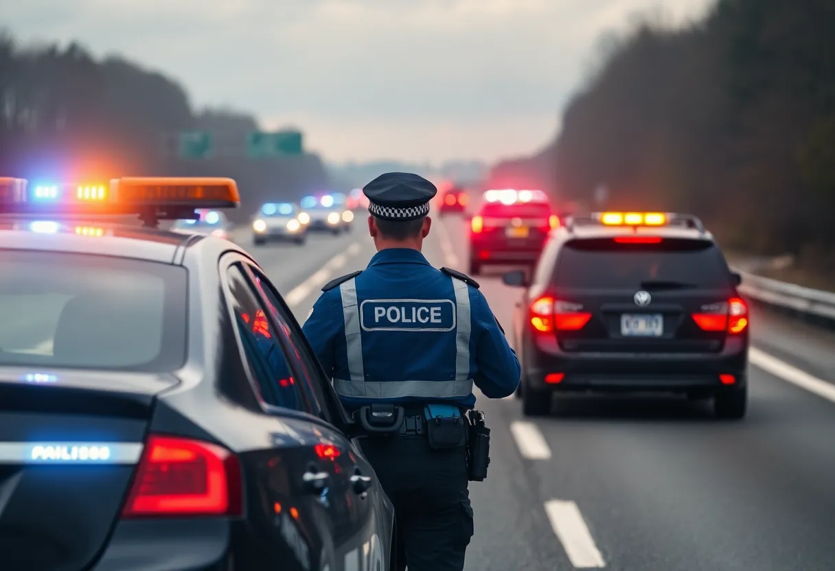 Police officers performing a traffic stop on a highway to combat drug trafficking