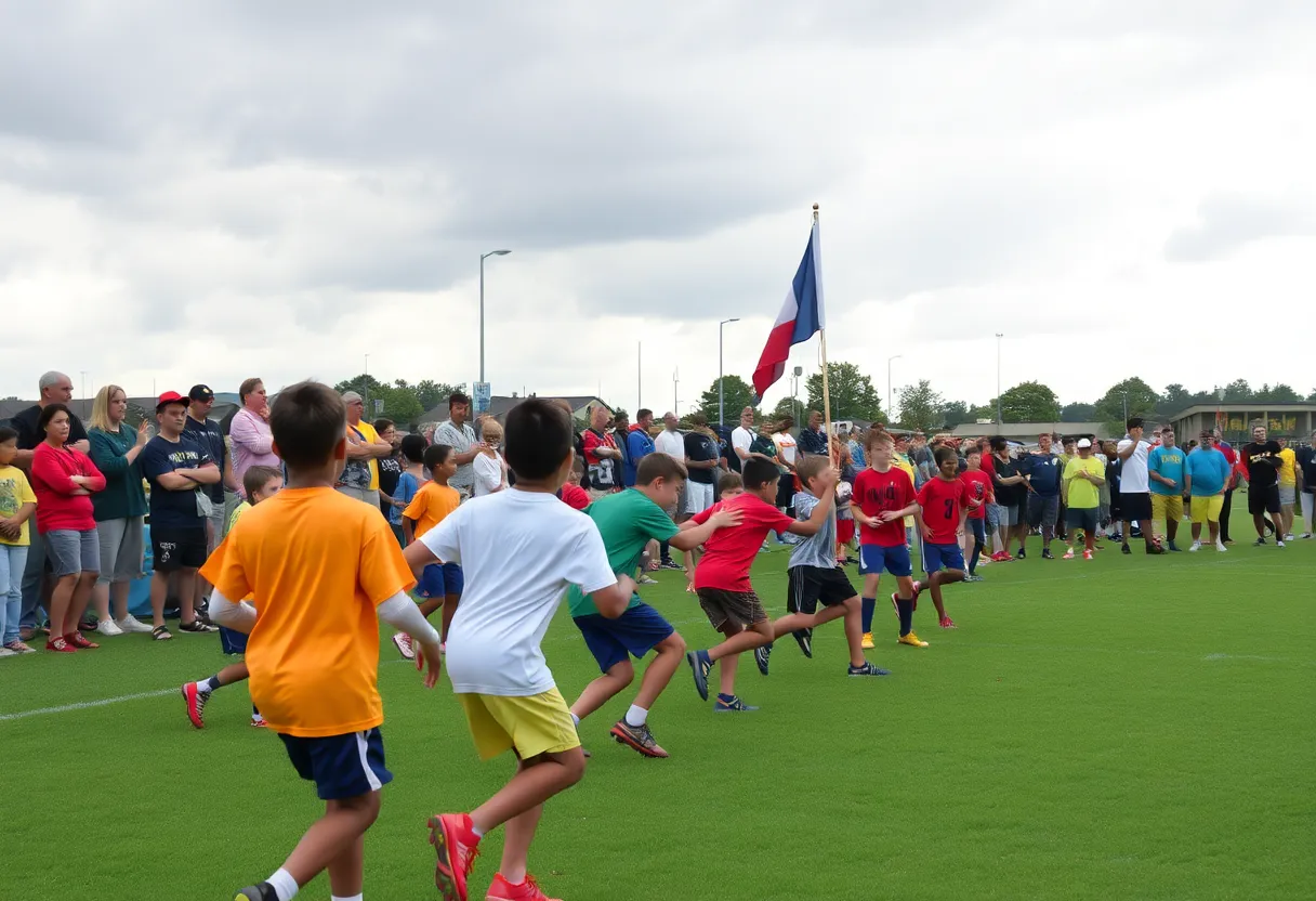 Spectators enjoying the Special Olympics Kentucky flag football tournament under cloudy skies.