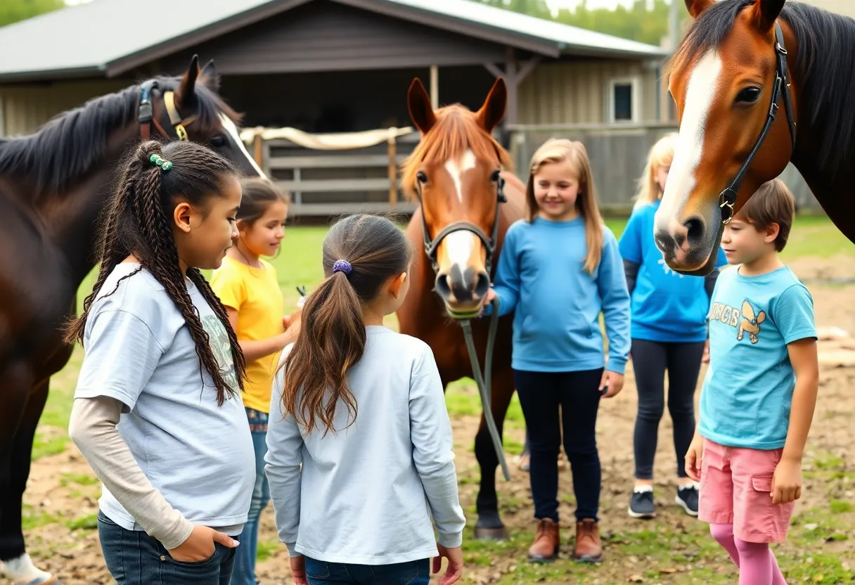 Students participating in equine therapy at the Stables Alternative School Program