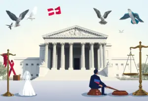 The U.S. Supreme Court building with symbolic elements representing justice and same-sex marriage.