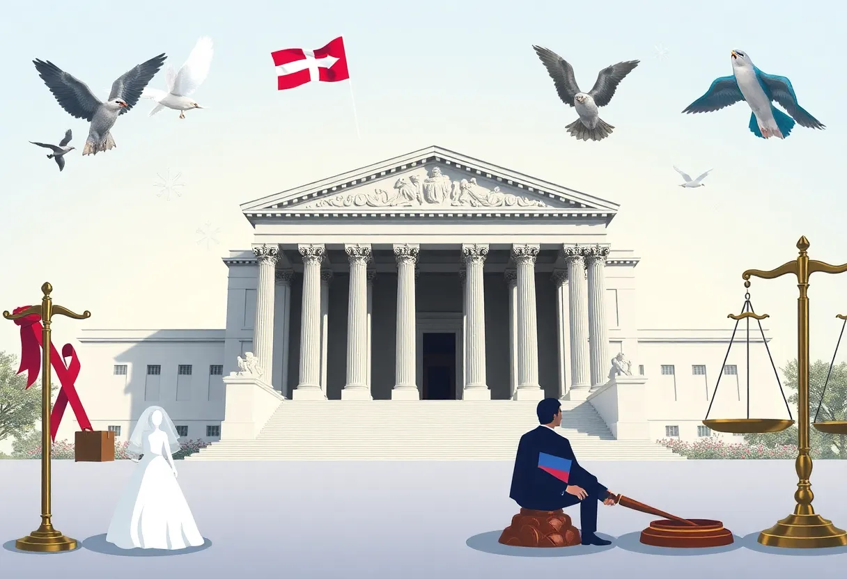 The U.S. Supreme Court building with symbolic elements representing justice and same-sex marriage.