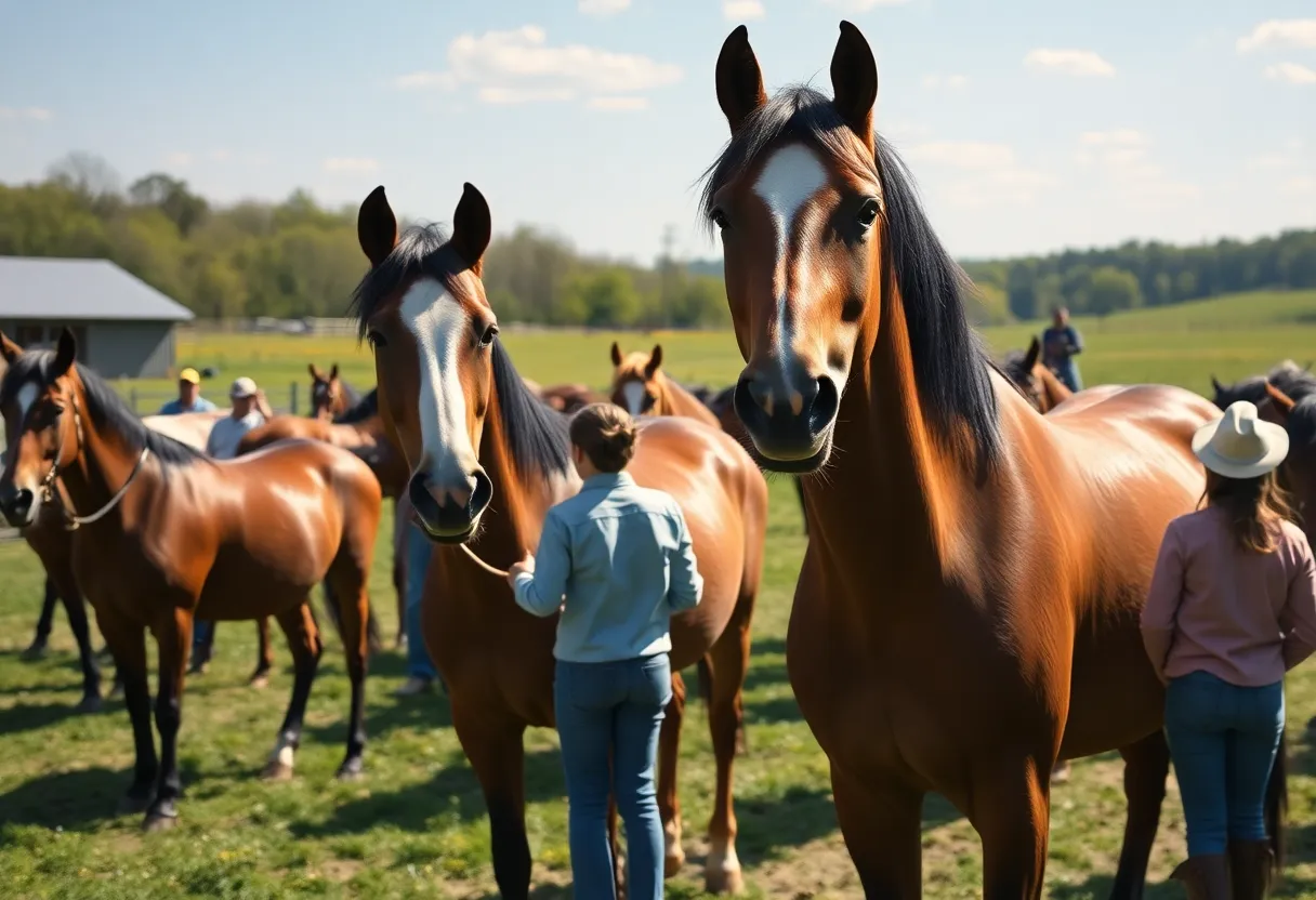 Visitors interacting with thoroughbreds at Taylor Made Farm.