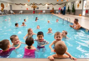 A family enjoying a Thanksgiving swim event at Goldfish Swim School