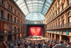 An artist's rendering of The Rail concert venue showing live performances.