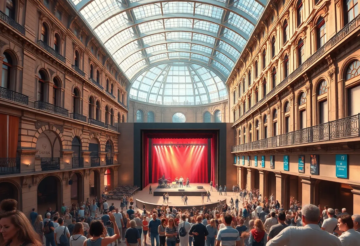 An artist's rendering of The Rail concert venue showing live performances.