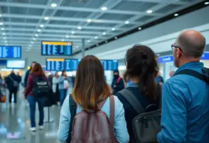 Travelers checking flight status at Blue Grass Airport during cancellations