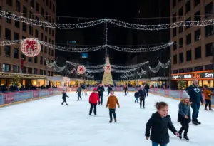 Ice rink at Triangle Park with skaters and festive decorations