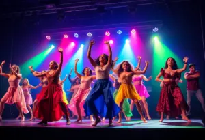 Dancers performing on stage during the UK Dance Ensemble's fall performance.