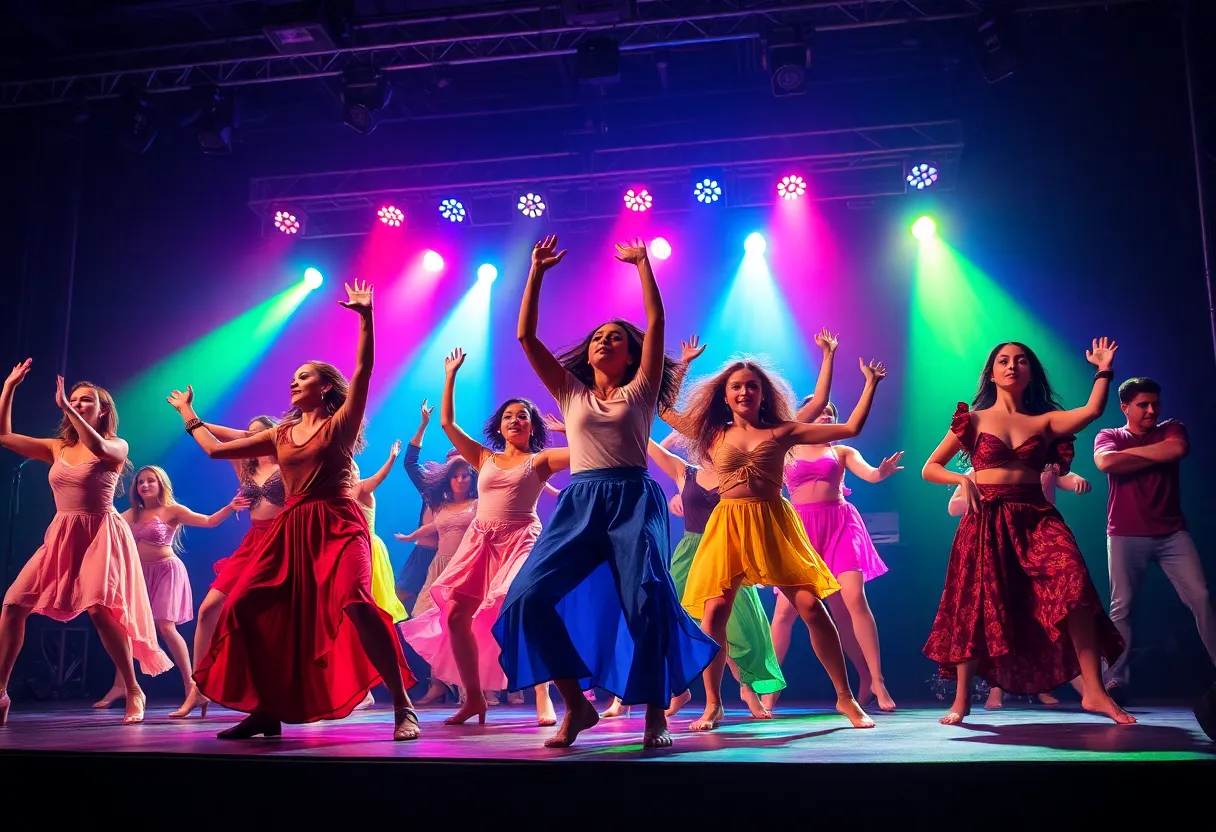 Dancers performing on stage during the UK Dance Ensemble's fall performance.