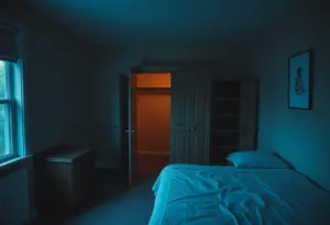 Empty college bedroom with closet