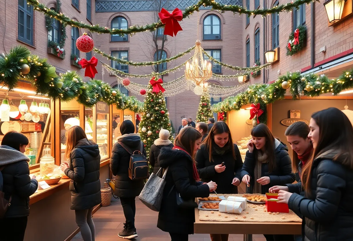 A vibrant winter market at the University of Kentucky with students enjoying festive activities.
