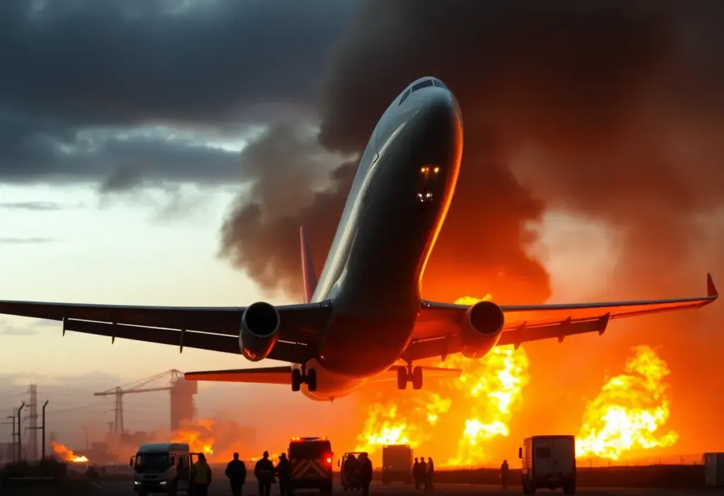 Crash site of a UPS cargo plane engulfed in flames with emergency responders at the scene.