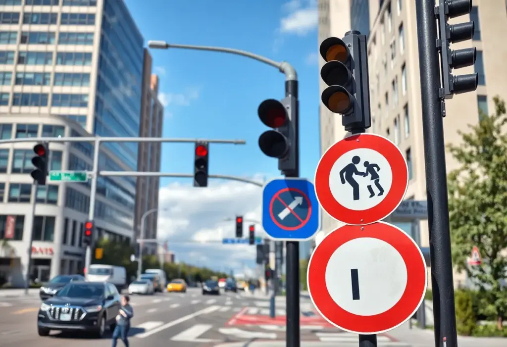 Street scene illustrating traffic safety measures