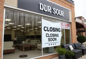 Value City Furniture storefront with liquidation signs