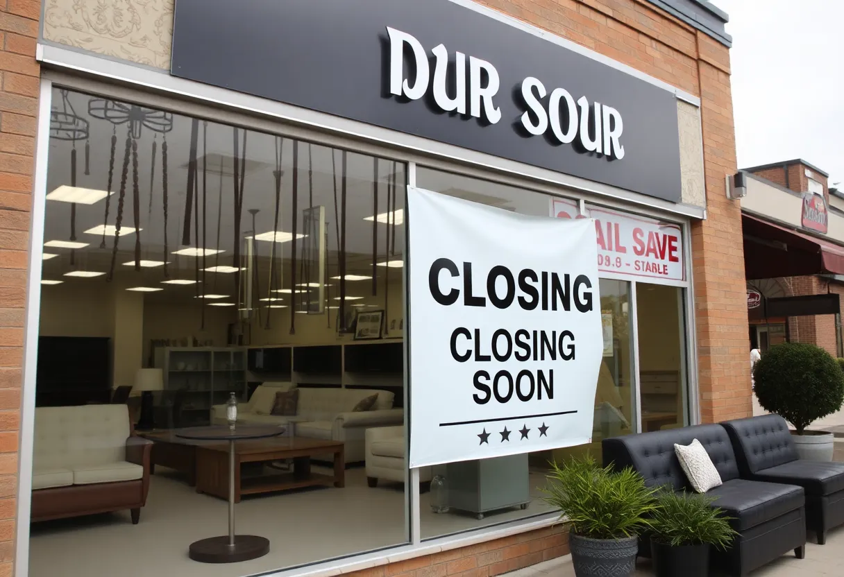 Value City Furniture storefront with liquidation signs