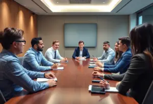 Diverse professionals in a corporate meeting room discussing board transitions.