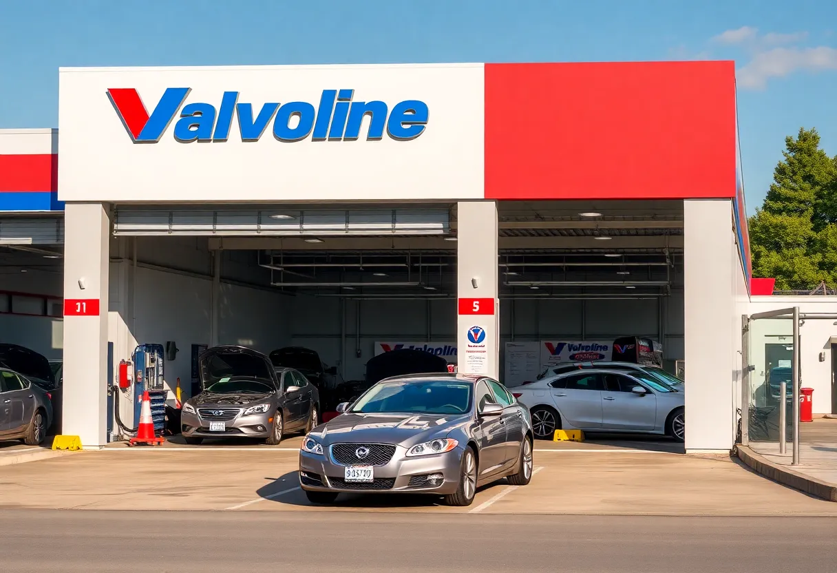 Valvoline automotive service center with mechanics and cars.