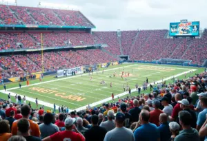 Vanderbilt football players celebrating a touchdown in a packed stadium