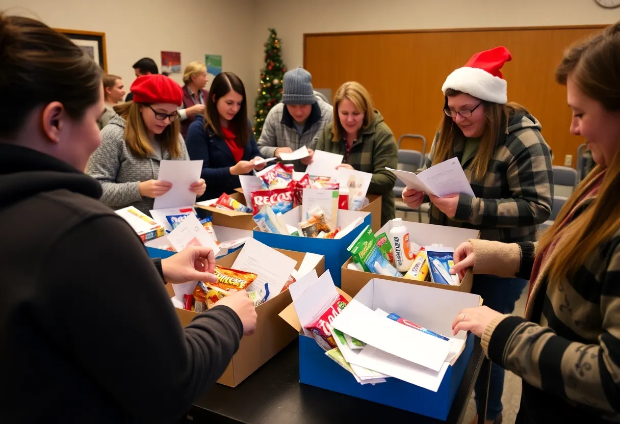 Volunteers putting together care packages for troops