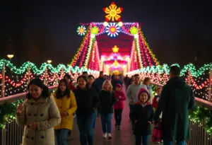 Festive lights decorating the Purple People Bridge during Winter Nights & River Lights event in Newport.