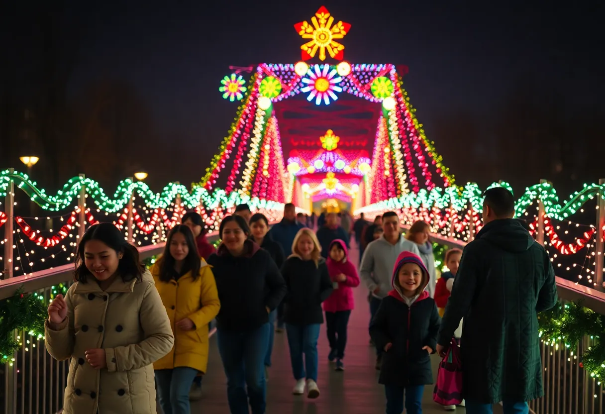 Festive lights decorating the Purple People Bridge during Winter Nights & River Lights event in Newport.