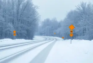 Snowy road conditions in Central Kentucky during a winter squall