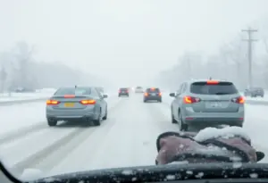 Cars driving on a snowy road in Kentucky with winter driving safety kit items visible.