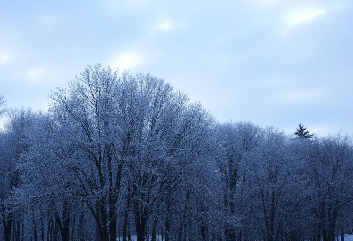 Cold winter landscape in Lexington, Kentucky with snow on trees