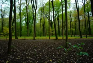 A peaceful wooded park in Lexington, hinting at a recent investigation.