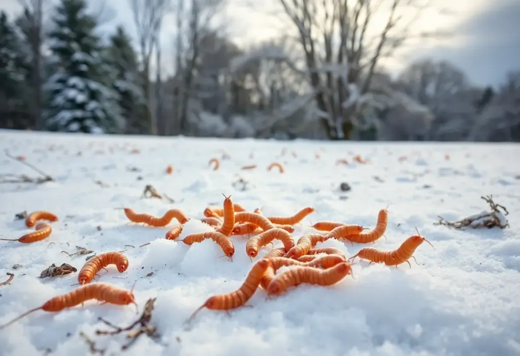 Woolly worms signifying winter weather in a snowy Kentucky landscape