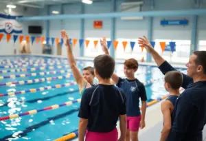 Young divers practicing diving at Lancaster Aquatic Center