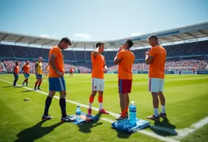 Players taking a hydration break during a soccer match.