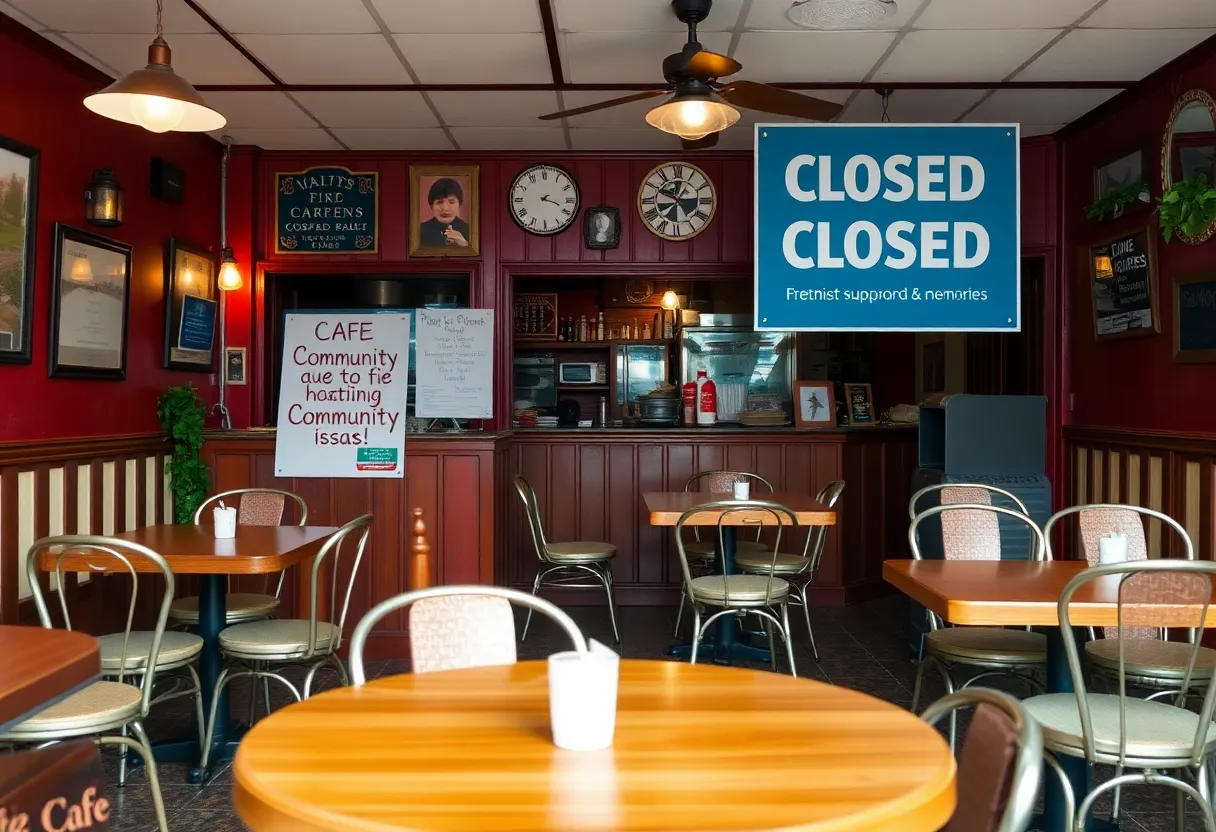 Interior of Allyn's Café with tables and chairs, sign indicating closure