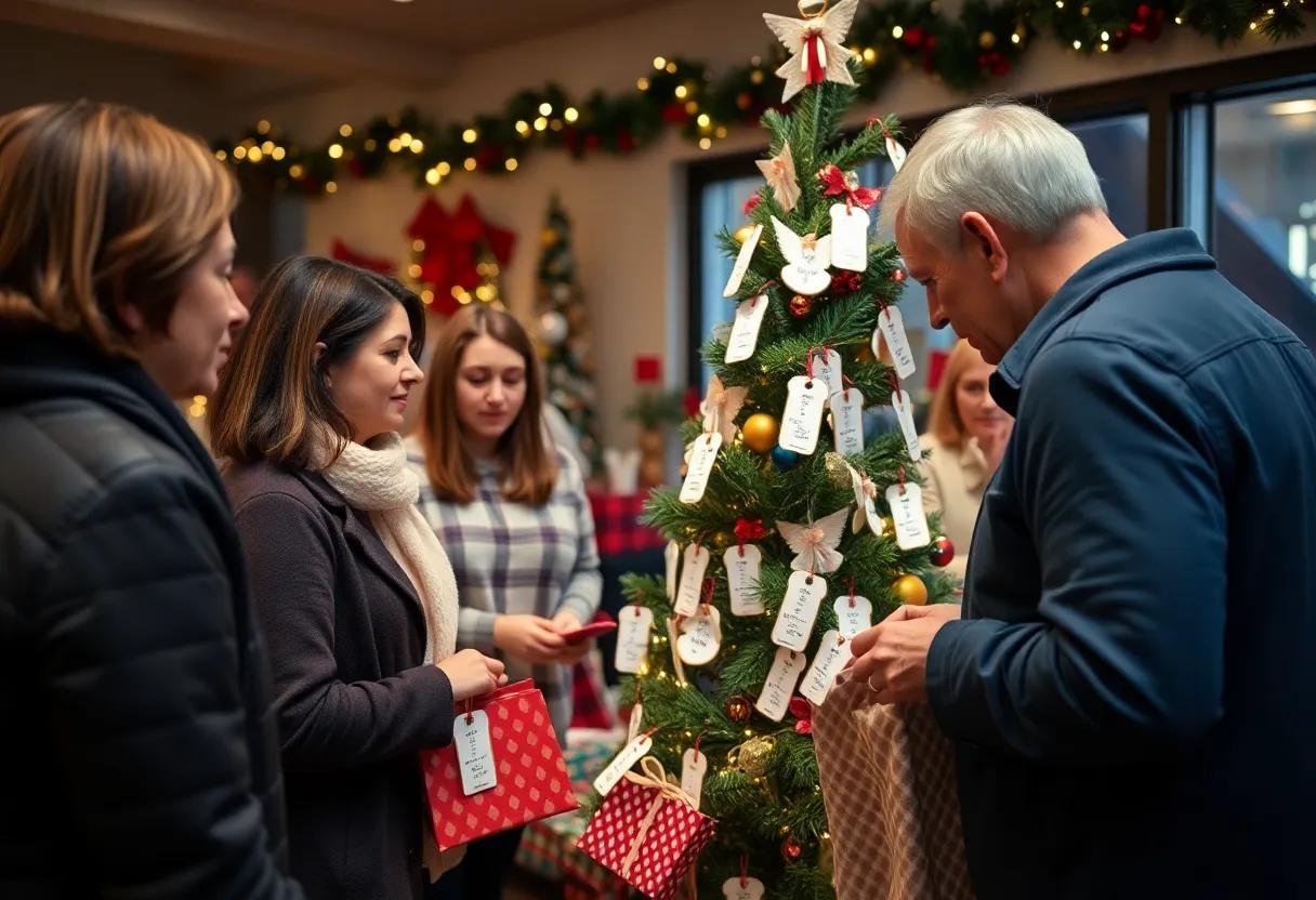Community members participating in the Angel Tree initiative by selecting gift tags