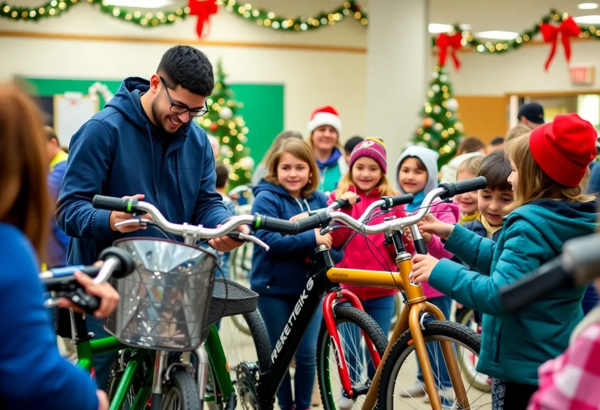 Students distributing bicycles to children during a community event.