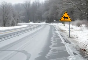 Black ice visible on a road in Lexington, KY during winter weather.