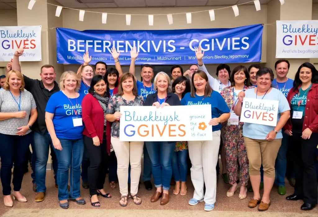 A diverse group of people celebrating at Bluegrass Gives fundraising event