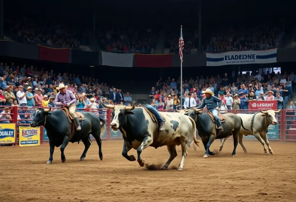 Bull riders competing in an arena at the Southeast Shootout Finals