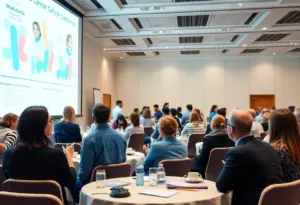 Healthcare professionals discussing cancer care innovations at a conference