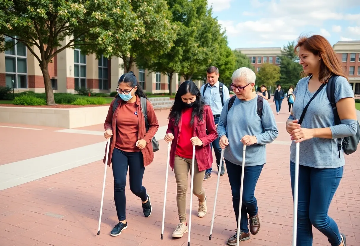 Students with visual impairments practicing mobility skills with canes.