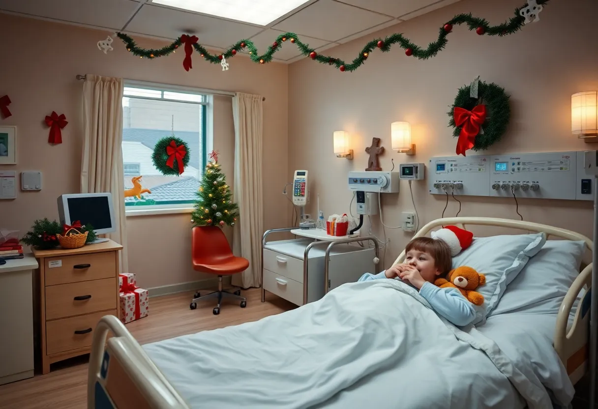 A hospital room decorated for Christmas with a child's bed and toys