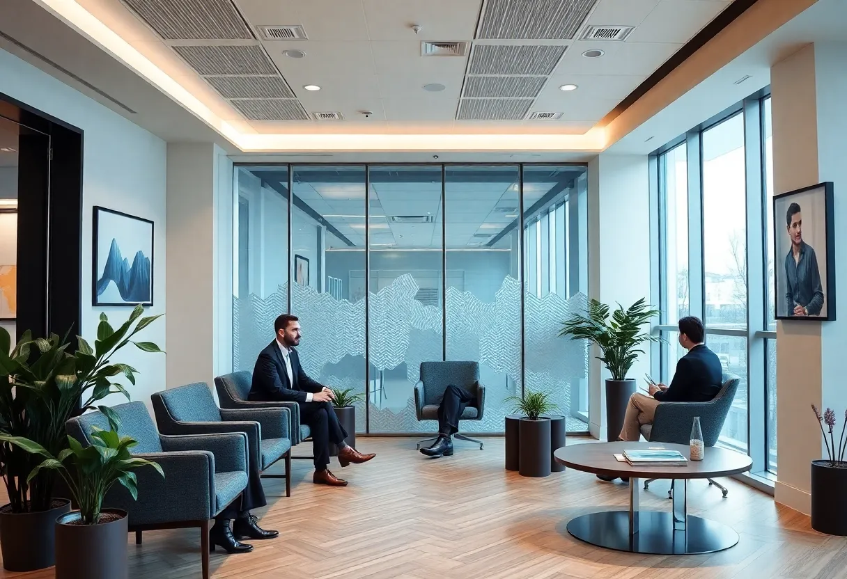 Interior of Coin and Seed Wealth Management office with financial advisors consulting clients.