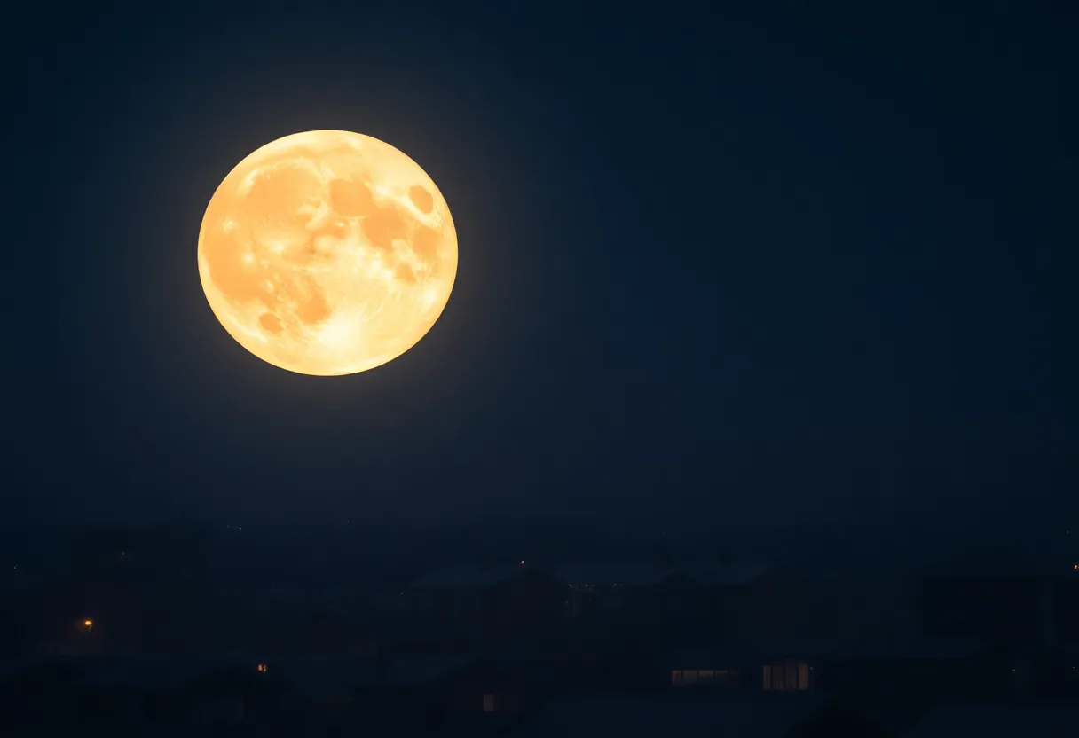 A large supermoon shining over Lexington's skyline on a winter night.
